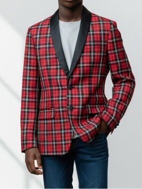 CLASS/CLUB | Boys Red Plaid Holiday Dinner Blazer Jacket size 14/16 Tuxedo Lined